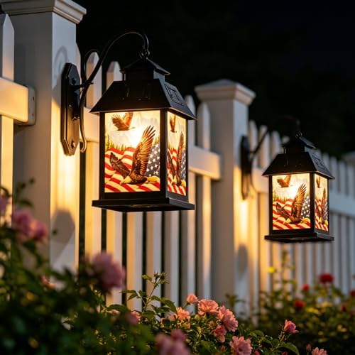 Solar American Flag Lights Outdoor Eagle Garden Lantern with Shepherd Hook - Image 3