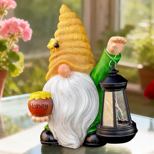 12.3'' Solar Garden Gnomes Outdoor Decor Honey Bee jar Gnome Statues with LED Lantern Autumn Patio Lawn Yard Art Decoration Fall Birthday Christmas Gardening Gifts for Mom Dad, Bee Gnome - Image 6