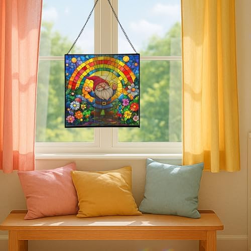 Gnome Under Rainbow Arch Stained Glass Suncatcher – Square Hanging Window Panel for Home or Greenhouse – Whimsical Glass Art Gift for Garden Lovers, Christmas, Halloween, Father Days EA6rv4 - Image 5