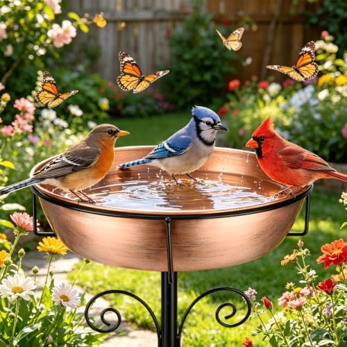 Btefd 3" Deep 43" Tall Copper Metal Bird Bath for Outdoor, 12" Dia Removable Bird Baths Water Bowl for Outside, Standing Birdbaths with Stable Stake for Garden Yard Lawn Decor 1.4 Gallon by Btefd