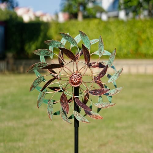 VEWOGARDEN 360° Outdoor Metal Wind Spinners Kinetic Wind Sculptures & Spinners for Yard Garden Lawn Patio Decorations, Light Green & Bronze - Image 2