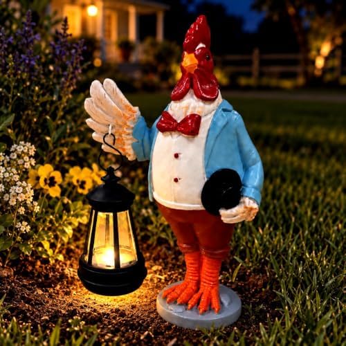 10'' Majestic Rooster Statue with Solar Light for Garden Decor by REYISO