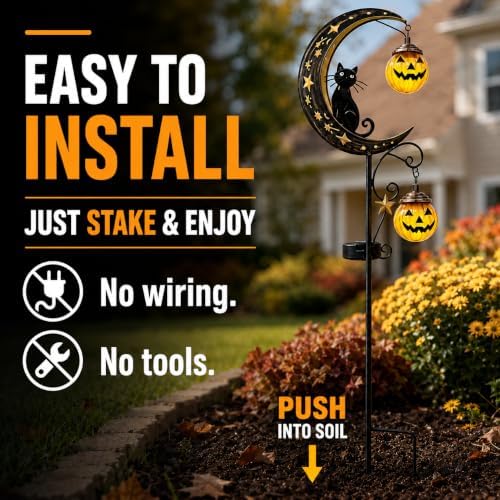 Halloween Solar Garden Stake Light Outdoor Halloween Decorations with Crescent Moon Black Cat Glowing Pumpkin Lantern Waterproof Metal Yard Decor Auto On/Off for Garden Lawn Pathway and Porch - Image 5