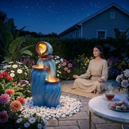 Faux Ceramic Outdoor Water Fountain with LED Lights, 3-Tier Cascading Water Feature, 30" Turquoise Wave-Texture Garden Fountain with Waterfalls for Garden, Patio, Deck, Porch - Image 7