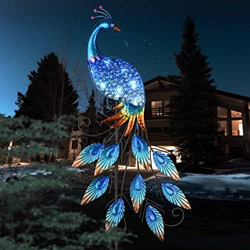 TERESA'S COLLECTIONS Garden Decor Blue Peacock with Solar Outdoor Lights, Glass Yard Art for Outside, Decorative Metal Stake Outdoor Decor for Lawn Decorations, Patio, Gifts for Mothers Day - Image 2
