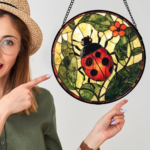 Ladybug Flower Stained Glass Window Hanging Suncatcher Gifts for Women 15" - Image 3