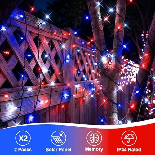 QITONG Red White and Blue Solar String Lights, 2 Pack Each 66ft 200 LED 4th of July Lights Outdoor Waterproof, 8 Modes Green Wire Patriotic Led Lights for Independence Memorial Day Decor - Image 2