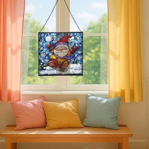Snowball Gnome Joy Stained Glass Suncatcher – Square Hanging Window Panel for Home or Greenhouse – Whimsical Glass Art Gift for Garden Lovers, Christmas, Halloween, Father Days FU1p6u - Image 5