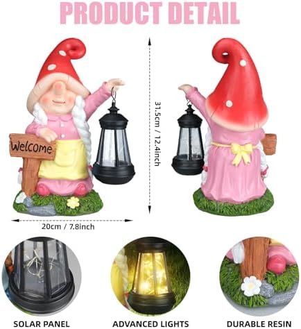 12.4" Solar Garden Gnome Statue with LED Lantern Welcome Sign, Pink - Image 2