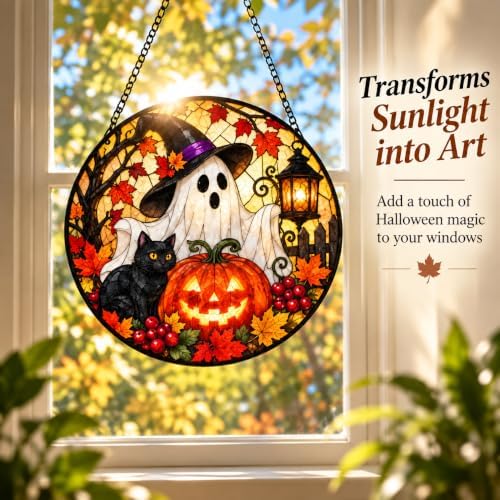 Halloween Ghost Suncatcher, Black Cat Maple Leaf Fall Window Hanging Ornament, Spooky Pumpkin Autumn Holiday Stained Glass Decor, Housewarming Gift for Halloween Party Porch 11.81" - Image 4