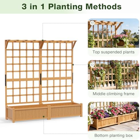 Aoxun 144" Raised Garden Bed with Trellis, Wood Planter Container with Hanging Roof & Garden Boxes for Climbing Plants Flowers Vine (4 piece) - Image 5