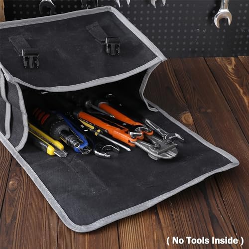 Tool Organizer Bag | 1 Large Pocket Storage Pouch & 2 Side Pockets & Canvas Handle, Heavy Duty 16oz Waxed Canvas Tote Bag, Reusable Tool Carrier for Hand Tools - 11.5"L x 6"W x 7.5"H - Black - Image 6