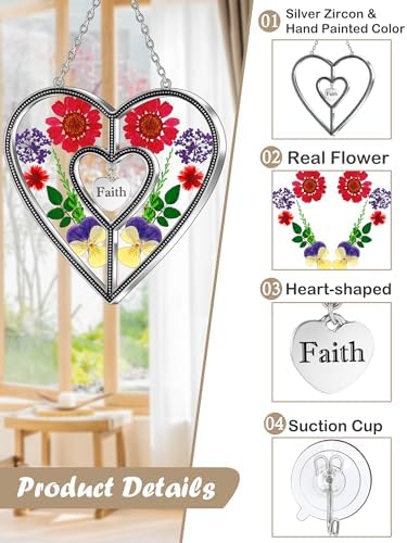 KY&BOSAM Faith Gift Heart Suncatcher Pressed Flower Glass Window Hanging - Image 3