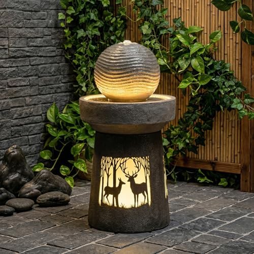 32.1''H Outdoor Barrel Water Fountain with Warm LED Light, Deer Silhouette Decorative Landscape Lantern Lamp, Outdoor Art Décor for Patio Lawn Backyard, Easy Assembly, Grey+Black - Image 6