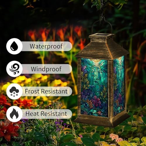 Solar Lantern Vibrant Ocean Inspired Stained Glass Masterpiece Swirling Corals Outdoor Waterproof Garden Hanging Lantern Solar Powered Lighting Outside Table Lamp for Patio Deck Camping 1 Pack - Image 2