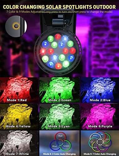 Solar Outdoor Lights, 9 Modes Color Changing 18 LED Halloween Solar Spot Lights Outdoor Waterproof Spotlight Landscape Light Solar Powered for Garden Yard Tree Flag Patio Christmas(2 Pack) - Image 2
