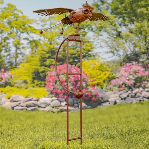 Zaer Ltd. Large Flapping Owl Garden Stake, Metal Wind Kinetic Sculpture, Rusty Color Yard Art Decoration, 58H x 35.5L x 21W inches - Image 6