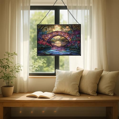 Rainbow Bridge Over Meadow Stream Rectangular Stained Glass Suncatcher – Hanging Window Panel with Animal & Nature Scene – Vibrant Glass Art Gift for Wildlife, Fantasy, Nature Lovers wL1my9 - Image 7