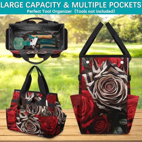 Rose Zebra Print Garden Tool Bag Organizer Heavy Duty Flower Gardening Tote Bag with 10 Pockets for Women Men Gardening Gifts - Image 4