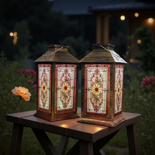 Stained Glass Style Solar Lantern Outdoor Garden Hanging Lantern Flat Stained Glass Artwork Sunflower Spring Color Mosaic Waterproof Solar Powered Lighting Outside Table Lamp for Patio Deck Yard - Image 6