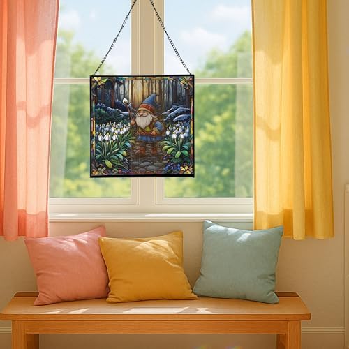 Snowdrop Gnome Walk Stained Glass Suncatcher – Square Hanging Window Panel for Home or Greenhouse – Whimsical Glass Art Gift for Garden Lovers, Christmas, Halloween, Father Days D9Mw7a - Image 5