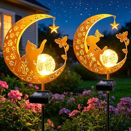 Solar Garden Decor Outdoor Statue, 2 Pack Moon Fairy Garden Figurines with Cat&Dog Design Birthday Gifts for Mom Women Grandma Solar Stake Lights for Patio, Yard, Lawn, Pathway (Warm White) by ZNYCYE
