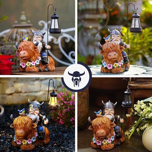 Garden Gnome Outdoor Statue Highland Cow Decor for Yard Patio Lawn Porch Birthday Gifts for Women Men, Mother’s Day, Housewarming with Solar Light Gnome Decor for Outside - Image 5