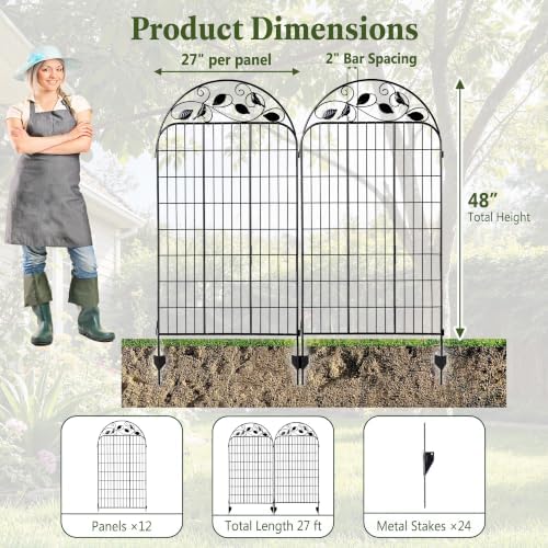 Decorative Garden Fence 48in x 27ft, 12 Pack Sturdy Metal Garden Border Fence, Rustproof Powder Coating, No-Dig Installation with Triangular Stakes, Flexible Design for Flower Beds, Paths, Yards - Image 3