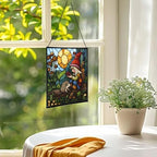 Gnome with pet Stained Glass Suncatcher – Square Hanging Window Panel for Home, Garden, Nursery, Halloween, Christmas, Memorial Day – Whimsical Glass Art Gift for Gnome Lovers unif14 - Image 3