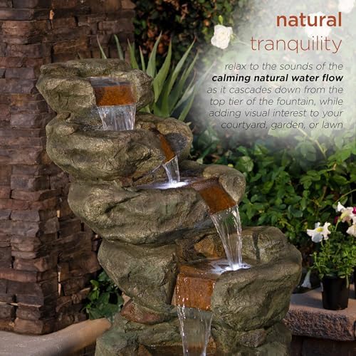Alpine Corporation 48" Tall Multi-Tier Rock Waterfall Fountain with Cool White LED Lights, Outdoor Water Feature for Backyard, Patio & Garden Decor, Gray - Image 5