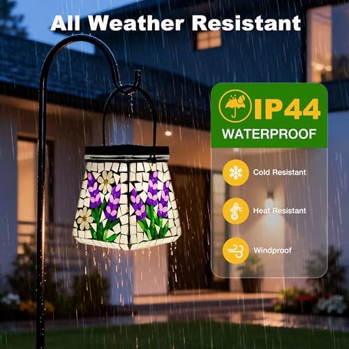 SAVENNA Mosaic Solar Lantern,Handcrafted Glass Outdoor Hanging or Table Lantern,600mAh Long Lasting Garden Light for Patio, Yard & Outdoor Decor– Lavender Pattern - Image 5