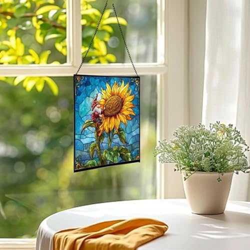Sunflower Climb Gnome Stained Glass Suncatcher – Square Hanging Window Panel for Home or Greenhouse – Whimsical Glass Art Gift for Garden Lovers, Christmas, Halloween, Father Days PWjhXc - Image 3