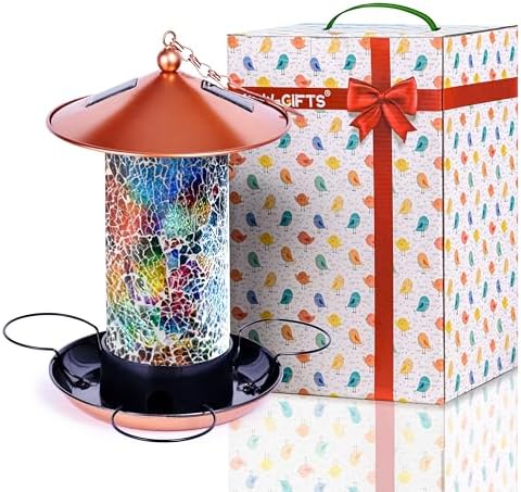 XDW-GIFTS Mosaic Solar Wild Bird Feeder, Waterproof Lantern Shape with S-Hook & 4 LED Lights, Garden Decor for Lawn, Patio, Balcony, Yard Ornament - Unique Gifts for Mom, Women, Grandma, Bird Lovers by XDW-GIFTS