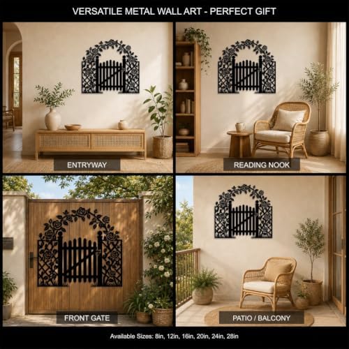 Rose Garden Gate Metal Wall Art WallArt Decor Metal Signs Metal Outdoor Decor Elegant Farmhouse Rustic Style Wall Sculpture Hanging Plaque Ornament Home Decoration for Living Room Bedroom (Black,20inch) - Image 7