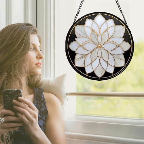 Stained Glass Window Hanging - White Flowers Suncatcher for Door Terrace Garden Home Decor Abstract Black Gold Sun Catcher Christmas Birthday Gifts for Lovers Women Men Dad Mom Nana 9.8 in - Image 2
