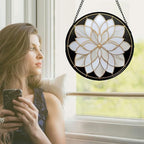 Stained Glass Window Hanging - White Flowers Suncatcher for Door Terrace Garden Home Decor Abstract Black Gold Sun Catcher Christmas Birthday Gifts for Lovers Women Men Dad Mom Nana 9.8 in - Image 2