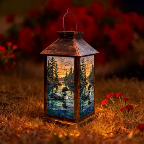 Solar Lantern Stained Glass Artwork Loon Lake Pine Trees Sunset Hunting Garden Hanging Lantern Waterproof Solar Powered Lighting Outdoor Table Lamp for Deck Yard Patios Trees Decor - Image 3