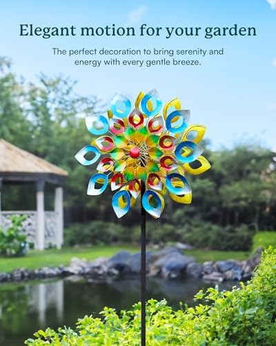 Yard Garden Wind Spinners with Stake - Large Outdoor Metal Wind Spinners, Lawn Yard Art Garden Decor (24" W x 84" H) - Image 2