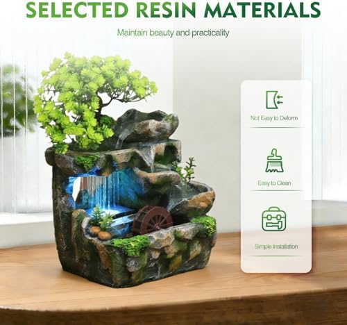 Tabletop Waterfall Fountain with Flowing Water & LED Lights – Indoor Resin Rockery Desk Fountain for Home, Office, Bedroom Relaxation & Decoration, Mini Desktop Water Featur - Image 3