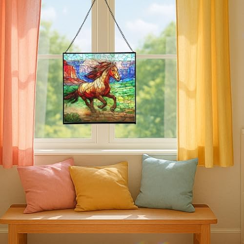 Brown Mustangs Horse cantering Through Open Canyon Floor Square Suncatcher – Stained Glass Style Window Panel with Pastoral Scene, Custom Decorative Hanging Art for Equestrian Home, Christmas hKBZvO - Image 5