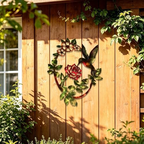 Hummingbird and Rose Metal Wall Art Floral Plaque Rustic Garden Decor for Living Room Porch Indoor Outdoor Hanging Ornament (16 Inch) - Image 4