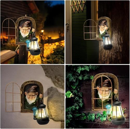 Garden Gnome Statue, Tree Faces Decor Outdoor with Solar Lantern - Image 3