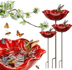 Metal Flower Garden Stakes Bird Bath, Handmade Bee Watering Station for Garden Outside, Mini Pollinator Water Station, Metal Flower Bird Bath Garden Stakes (Red, 3PCS) by Unknown