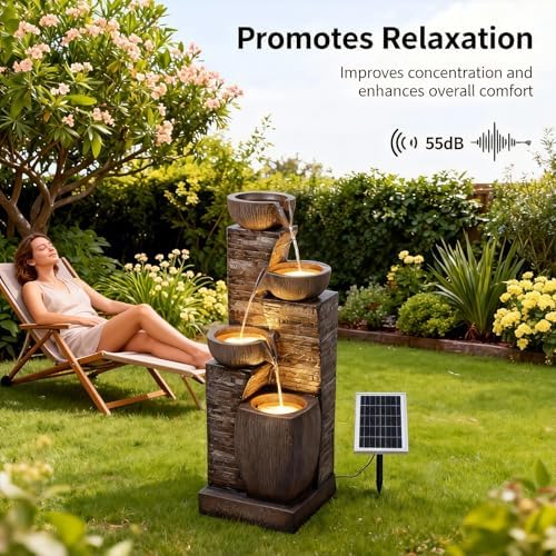 Solar Water Fountain Outdoor Garden 4 Tiers Stone Texture Modern Fountains - Image 5