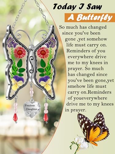 KY&BOSAM Butterfly Suncatcher Precious Daughter Stained Glass Sun Catchers Hangings for Windows Wind Chime Ornament with Real Flower Wings and Metal Charm Birthday Gifts for Mother`s Day Valentine's - Image 2