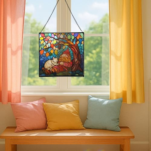 Gnome and Cat Nap Stained Glass Suncatcher – Square Hanging Window Panel for Home or Greenhouse – Whimsical Glass Art Gift for Garden Lovers, Christmas, Halloween, Father Days AV15Ti - Image 5