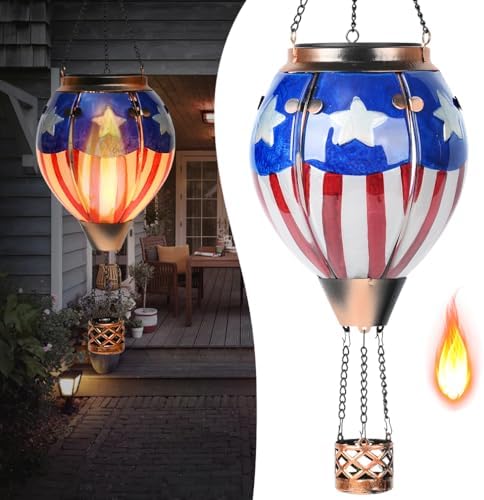 Hot Air Balloon Solar Lantern - U.S Flag Patriotic Glass Lantern, Simulated Flickering & Dancing Flame, Outdoor Hanging Yard Light Waterproof IP65, Ideal 4th of July Gift for Patriot Patio Decor by Unknown