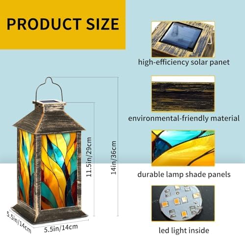 Solar Lantern Outdoor Waterproof Solar Powered Colorful Stained Glass Window Abstract Stained Glass Art Nouveau Hanging Lantern for Garden Patio Deck Yard Camping Tabletop Decor Lighting - Image 2