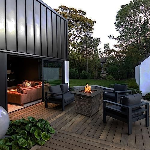 28'' Propane Fire Pit Table, 50,000 BTU Fire Table with Brown Wicker, Laval Rocks, Inclined Leg Design. - Image 4