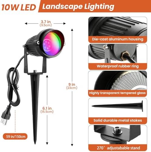 Christmas Outdoor Spotlight 120V LED Spot Lights Outdoor RGB 12W Color Changing Landscape Lights with Remote Control Waterproof Spot Lights Outdoor for Yard Path Garden Decorative (2Pack) - Image 4